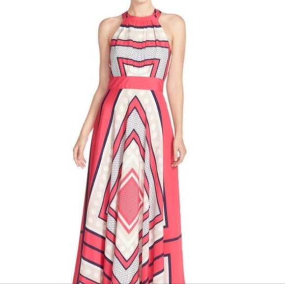 Eliza J Pink Scarf print Jewelneck Geometric Maxi Dress
